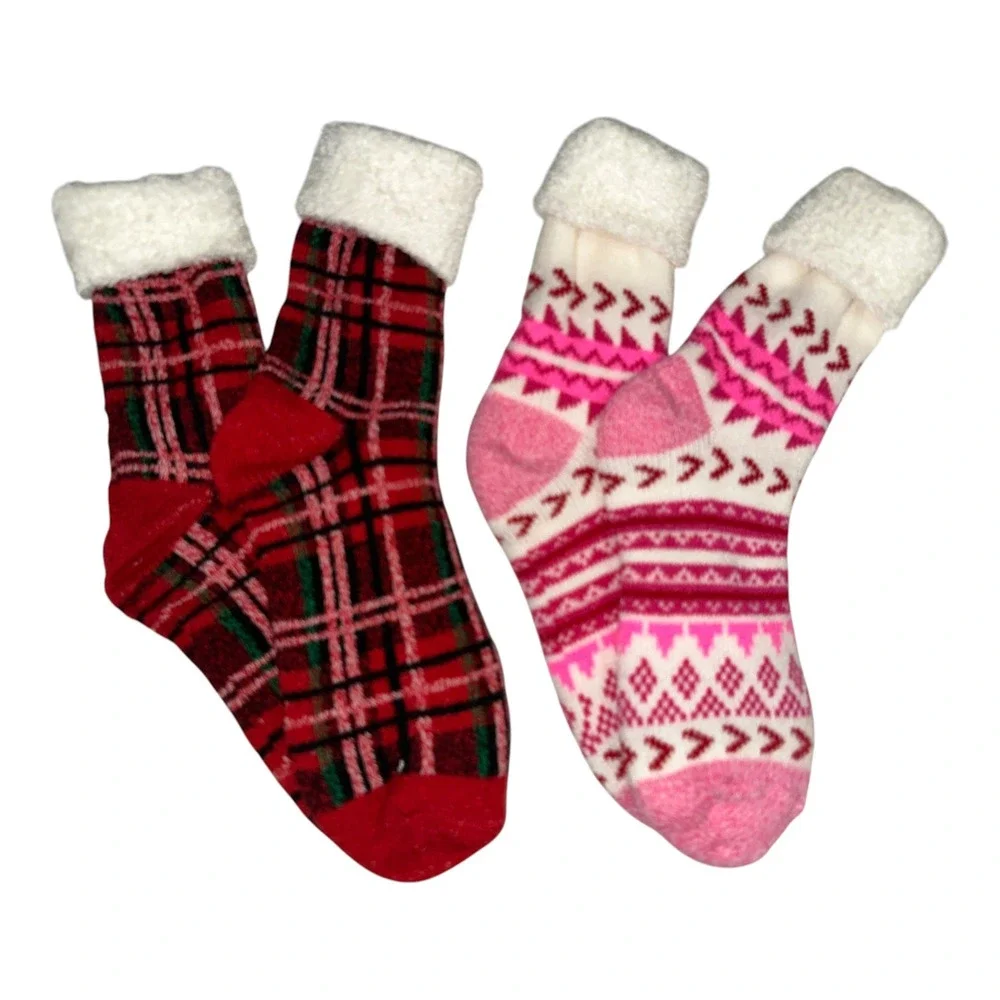 2 Pairs Magellan Outdoors Lodge Crew Socks Pink Geo Red Plaid Aloe Infused 6-10